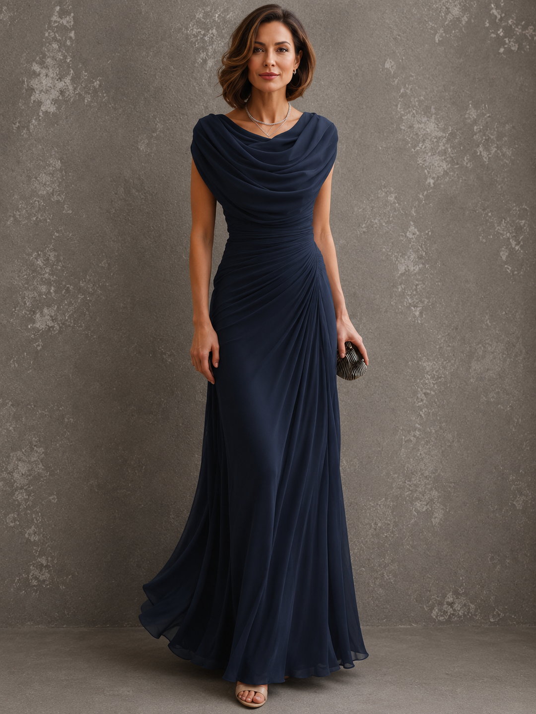 Woman wearing draped sleeveless maxi dress outdoors