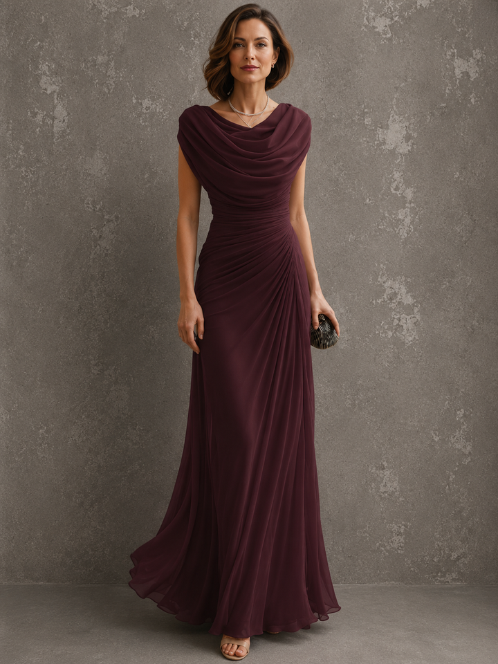 Woman wearing draped sleeveless maxi dress outdoors