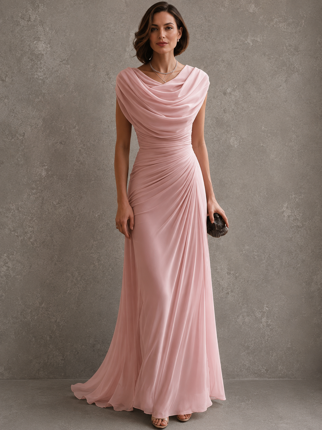 Woman wearing draped sleeveless maxi dress outdoors