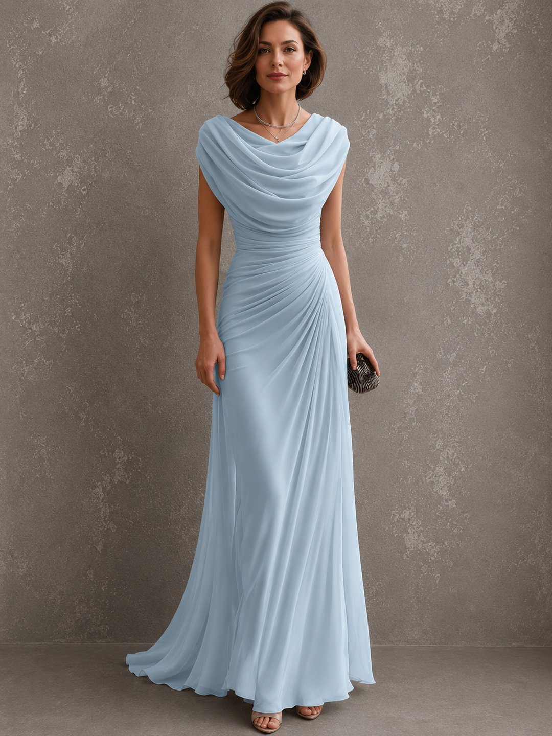 Woman wearing draped sleeveless maxi dress outdoors