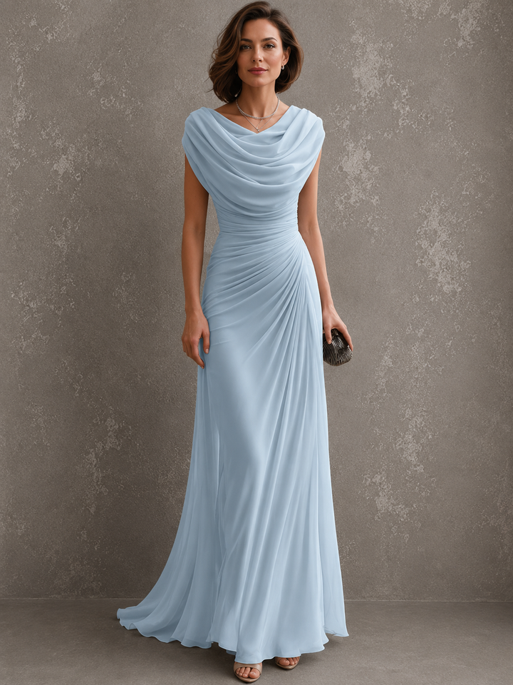 Woman wearing draped sleeveless maxi dress outdoors