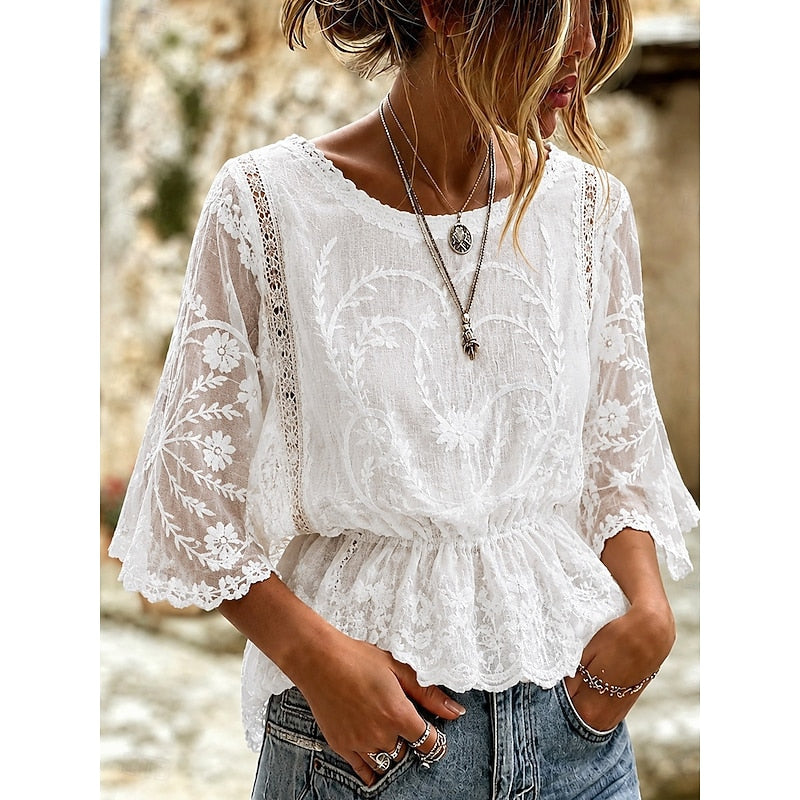 Sabrina | Women's Blouse Embroidered Peplum Hem Relaxed Fit Summer Casual Top