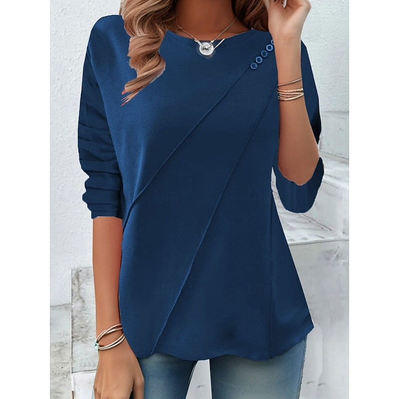 Miranda | Women's Top Draped Asymmetric Wrap Button Detail Relaxed Fit Everyday Casual Top