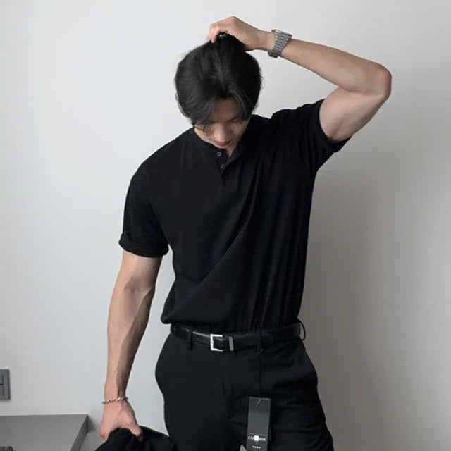 Men's Band Collar Short-Sleeve Polo Shirt with Button Placket