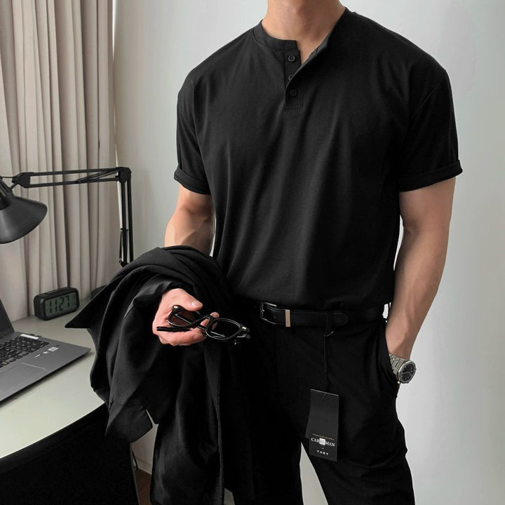 Men's Band Collar Short-Sleeve Polo Shirt with Button Placket
