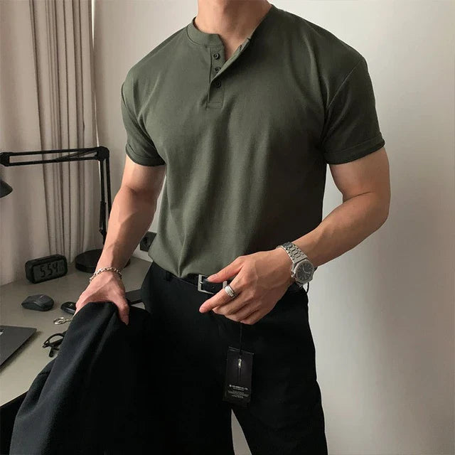 Men's Band Collar Short-Sleeve Polo Shirt with Button Placket