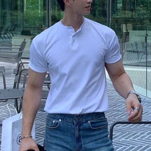 Men's Band Collar Short-Sleeve Polo Shirt with Button Placket