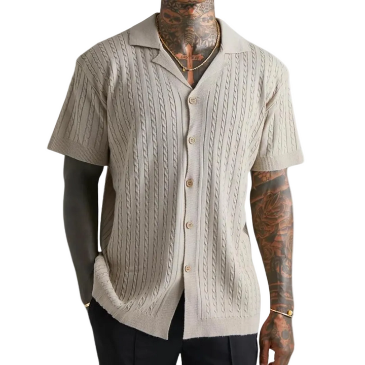 Men's Cable Knit Short Sleeve Polo Shirt with Open Collar and Button Closure