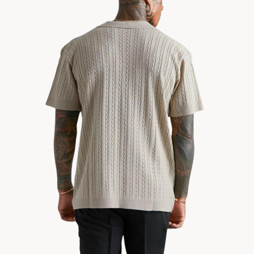 Men's Cable Knit Short Sleeve Polo Shirt with Open Collar and Button Closure