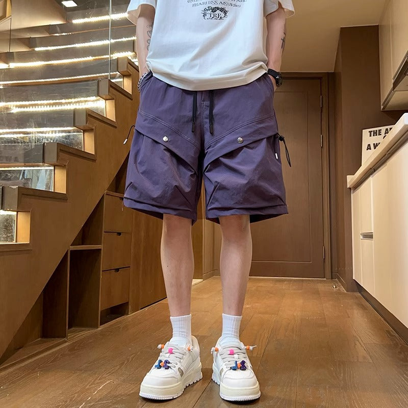 Men's Cargo Shorts with Flap Snap Pockets and Drawstring Waistband