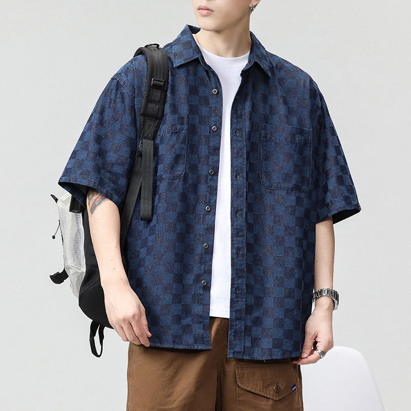 Men's Checkered Short Sleeve Shirt with Button-Front Closure and Twin Chest Pockets