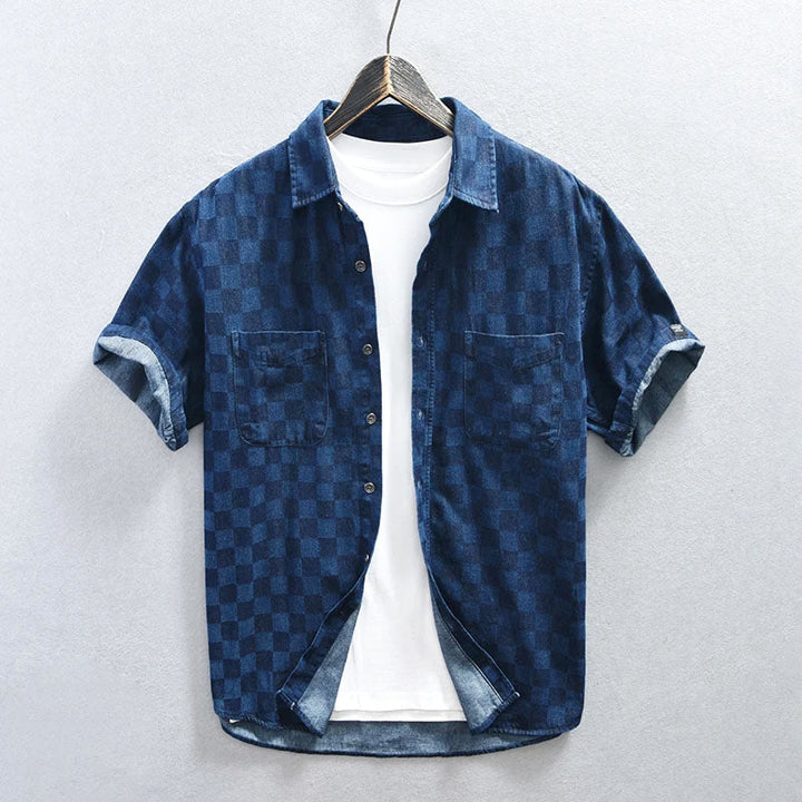 Men's Checkered Short Sleeve Shirt with Button-Front Closure and Twin Chest Pockets