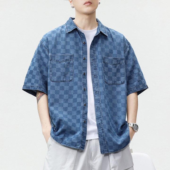 Men's Checkered Short Sleeve Shirt with Button-Front Closure and Twin Chest Pockets
