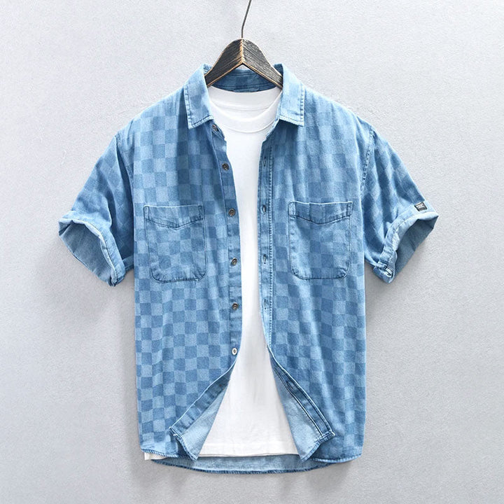 Men's Checkered Short Sleeve Shirt with Button-Front Closure and Twin Chest Pockets