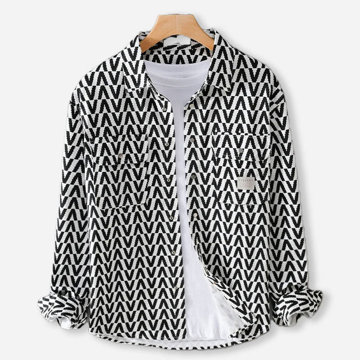 Men's Chevron Print Long Sleeve Shirt with Button-Front Closure and Twin Chest Pockets