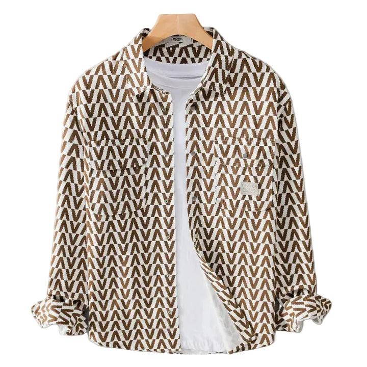 Men's Chevron Print Long Sleeve Shirt with Button-Front Closure and Twin Chest Pockets