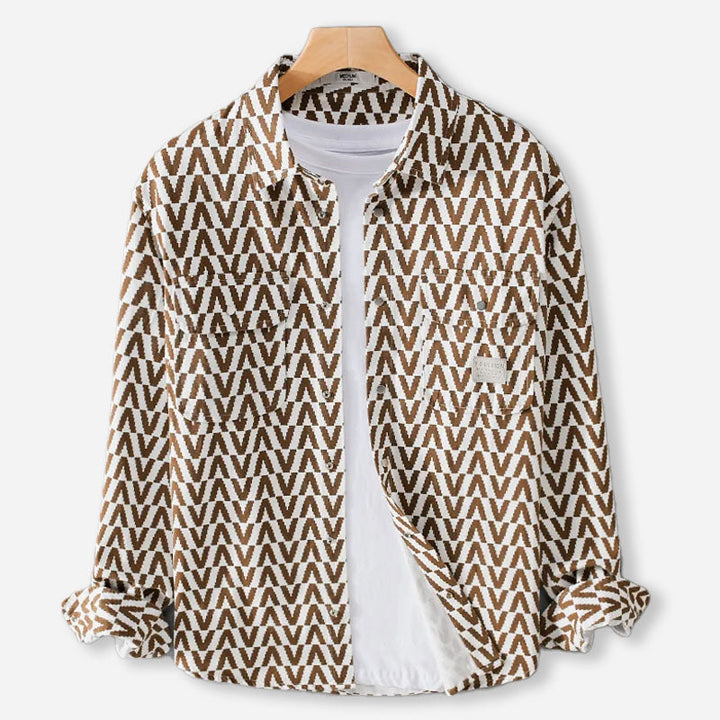 Men's Chevron Print Long Sleeve Shirt with Button-Front Closure and Twin Chest Pockets
