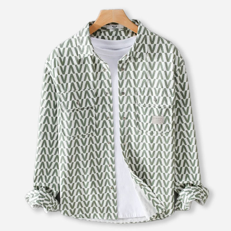 Men's Chevron Print Long Sleeve Shirt with Button-Front Closure and Twin Chest Pockets