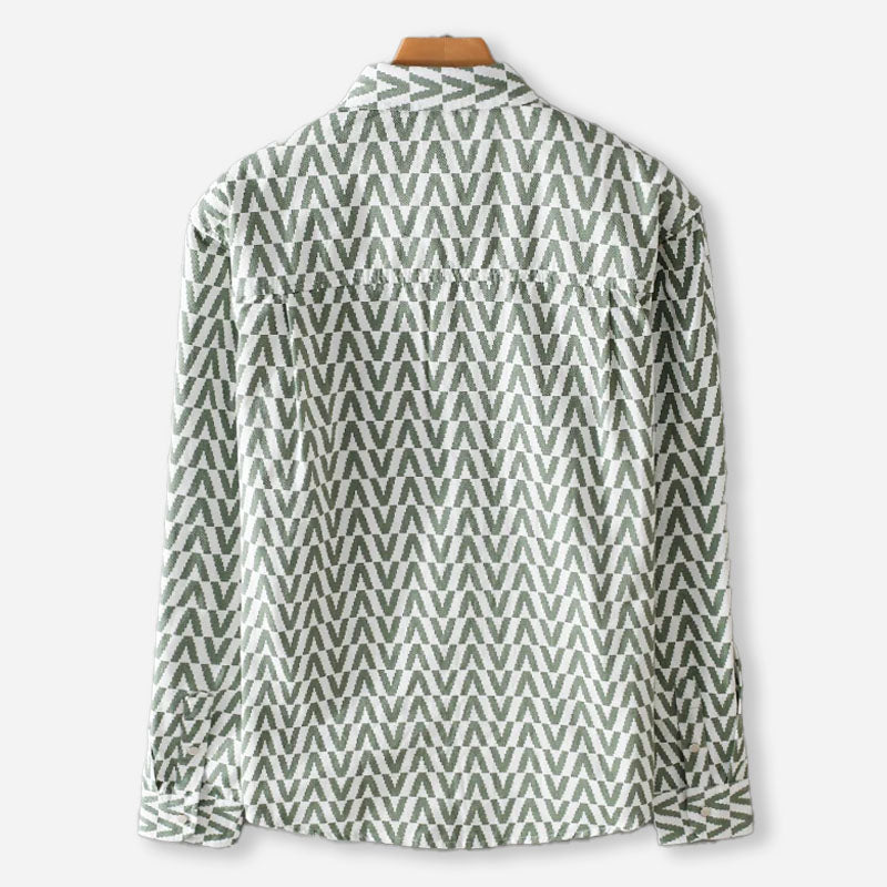 Men's Chevron Print Long Sleeve Shirt with Button-Front Closure and Twin Chest Pockets