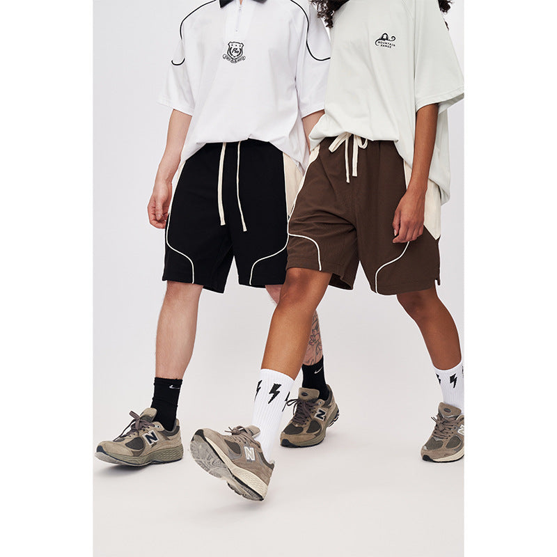 Men's Colour Block Shorts with Cream Side Panels Curved Piping and Drawstring Waist