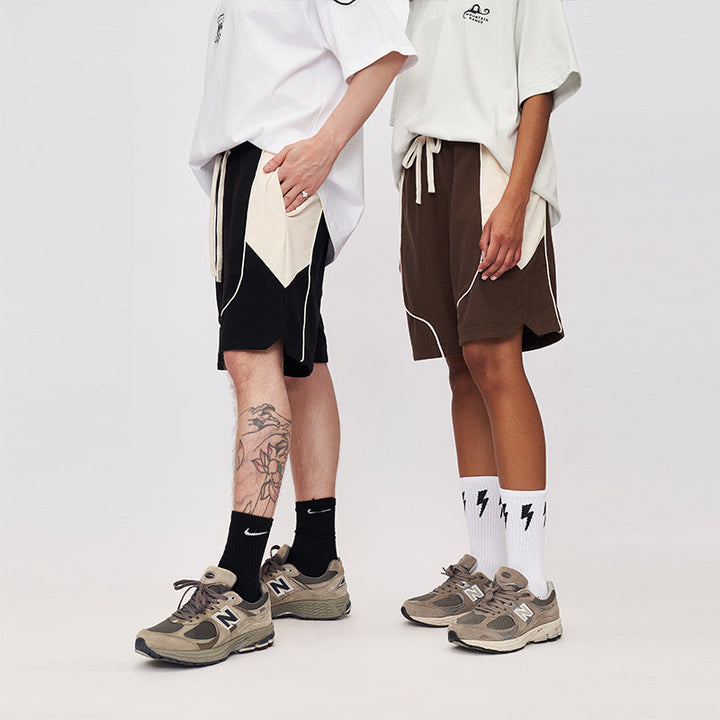 Men's Colour Block Shorts with Cream Side Panels Curved Piping and Drawstring Waist