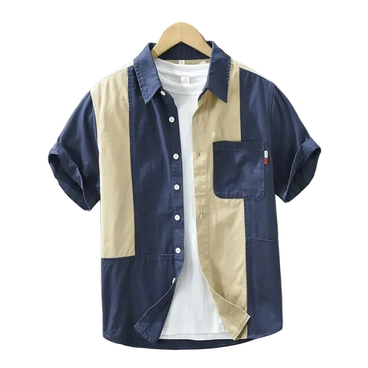 Men's Colour Block Spread Collar Short-Sleeve Shirt with Chest Pocket