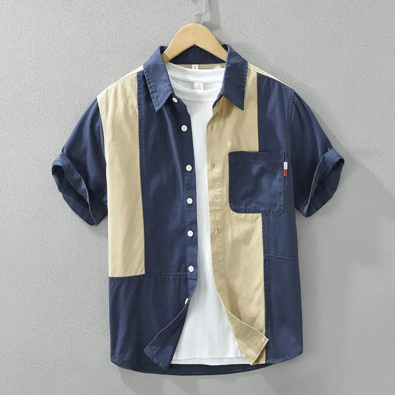 Men's Colour Block Spread Collar Short-Sleeve Shirt with Chest Pocket