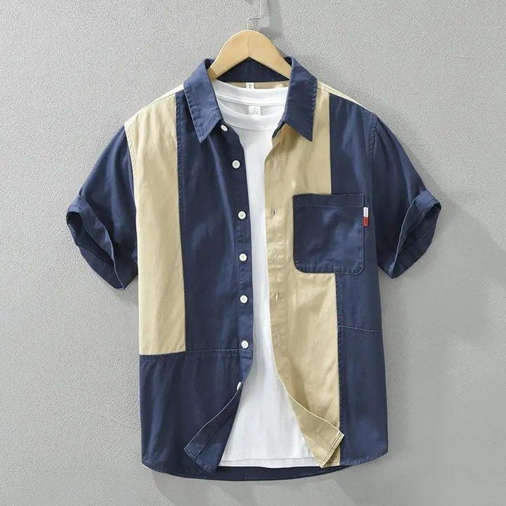 Men's Colour Block Spread Collar Short-Sleeve Shirt with Chest Pocket