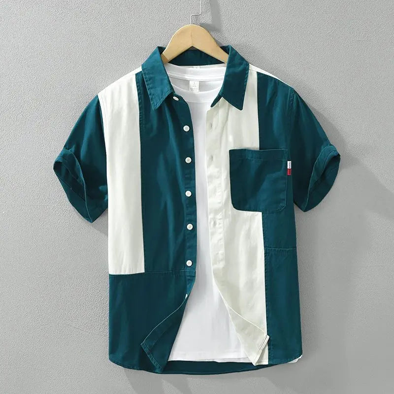 Men's Colour Block Spread Collar Short-Sleeve Shirt with Chest Pocket