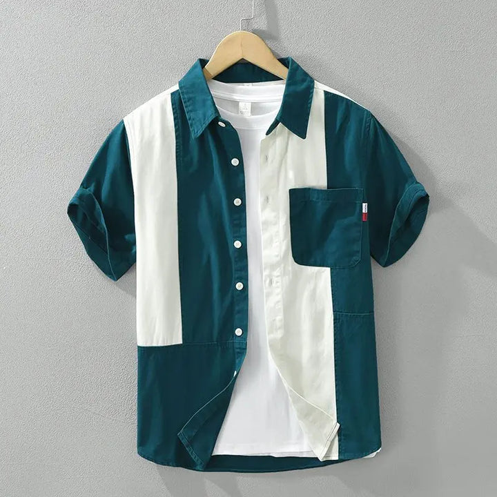 Men's Colour Block Spread Collar Short-Sleeve Shirt with Chest Pocket