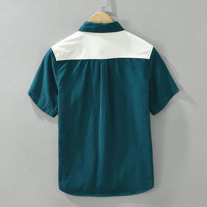 Men's Colour Block Spread Collar Short-Sleeve Shirt with Chest Pocket