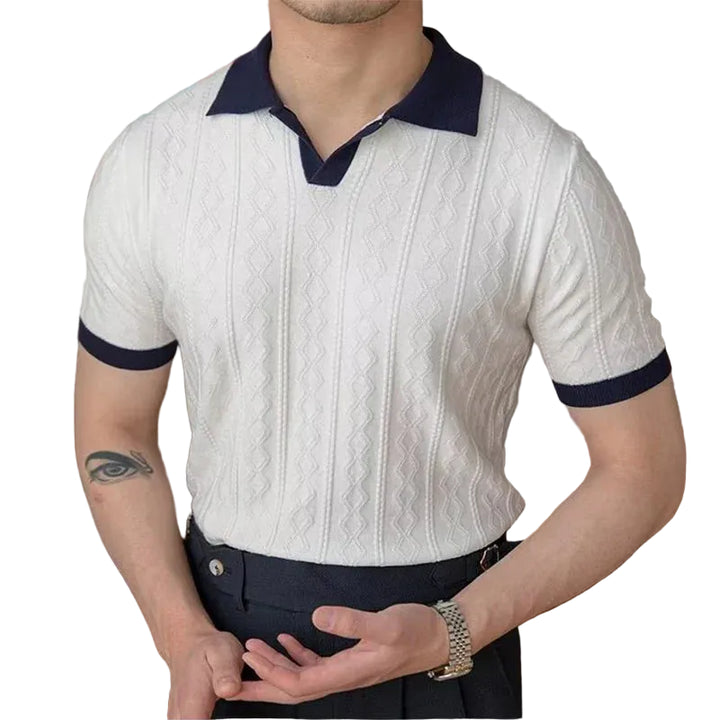 Men's Diamond Pattern Open V-Neckline Spread Collar Short-Sleeve Polo Shirt with Contrast Trim