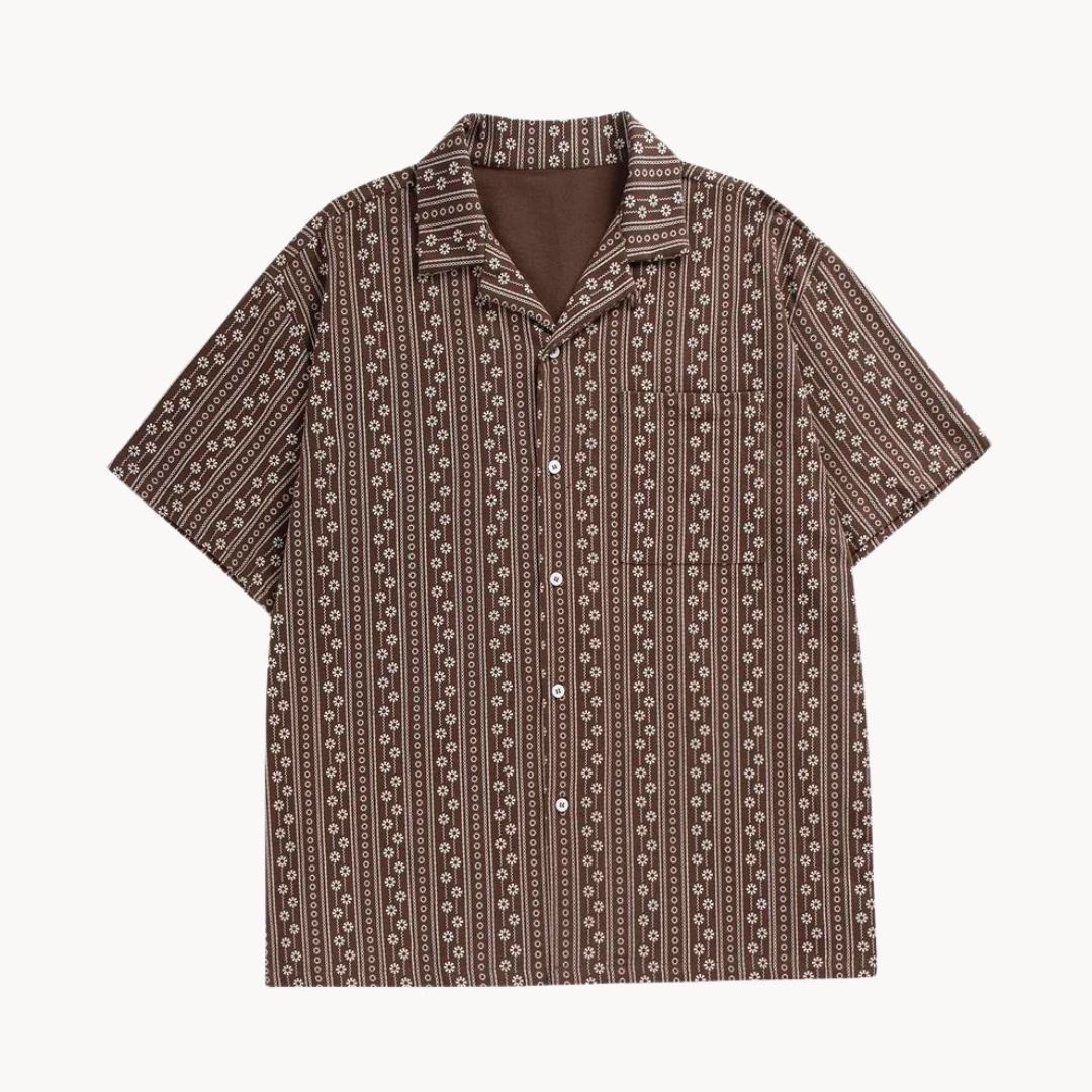 Men's Floral Stripe Printed Short-Sleeve Shirt with Revere Collar and Chest Pocket