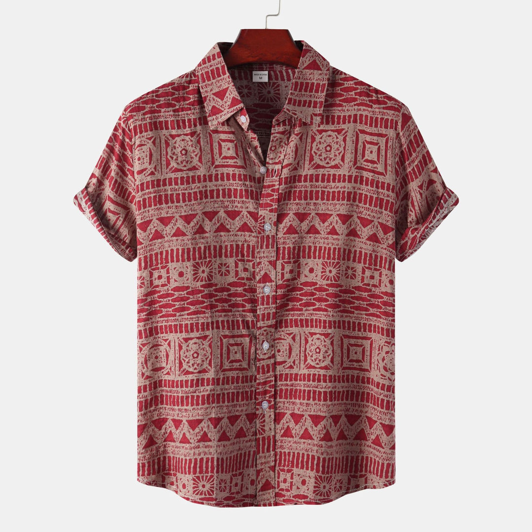 Men's Geometric Print Short Sleeve Shirt with Button-Front Closure and Spread Collar