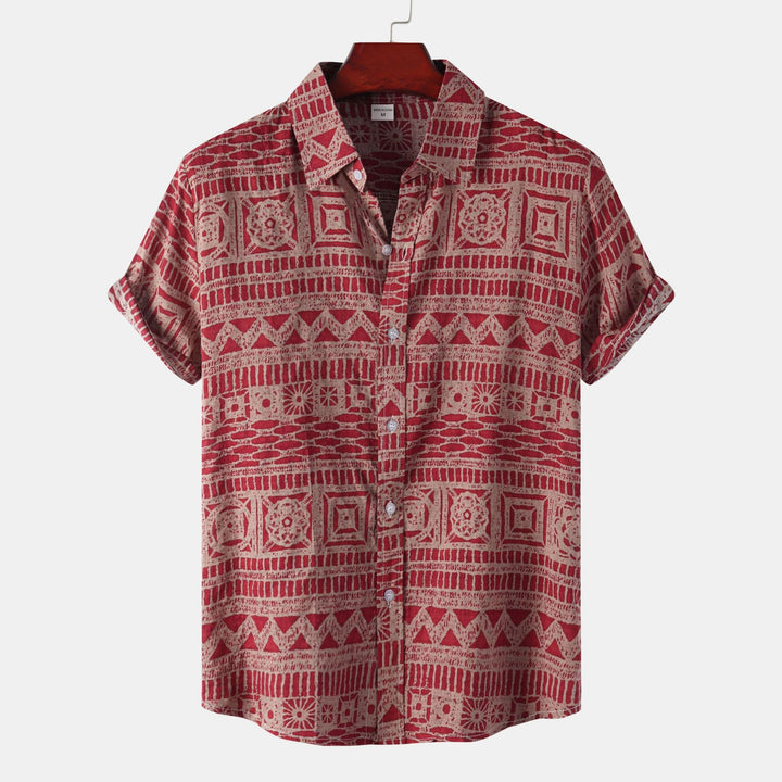 Men's Geometric Print Short Sleeve Shirt with Button-Front Closure and Spread Collar