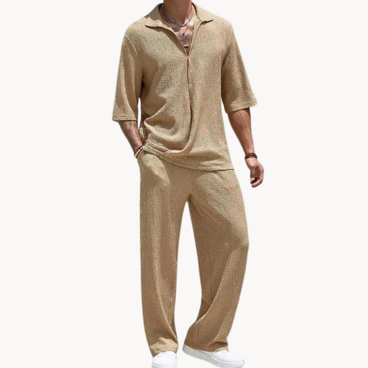 Men's Half Sleeve Polo Collar Top and Wide Leg Trouser Set with Elastic Waistband