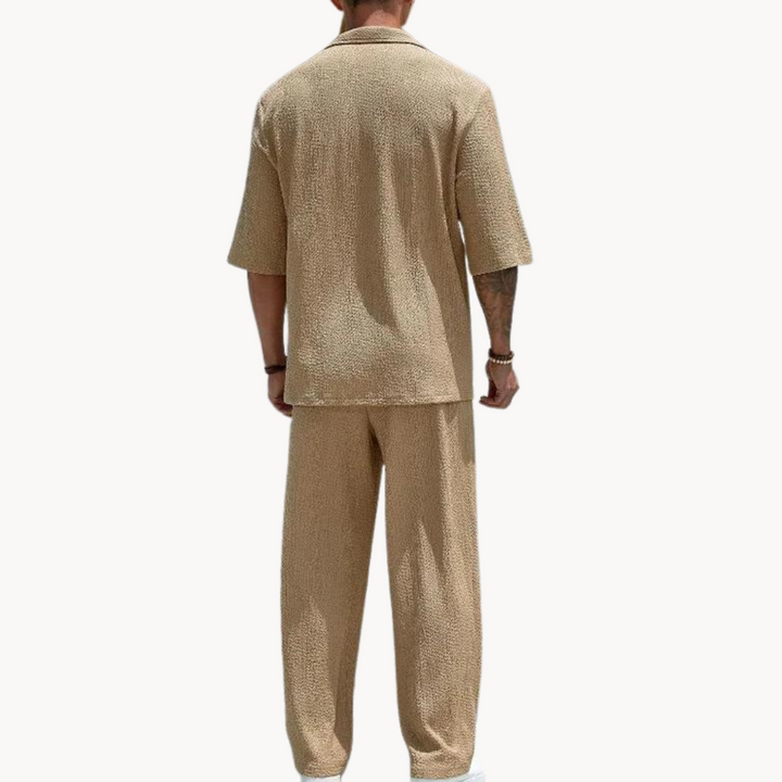 Men's Half Sleeve Polo Collar Top and Wide Leg Trouser Set with Elastic Waistband