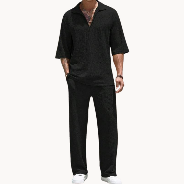 Men's Half Sleeve Polo Collar Top and Wide Leg Trouser Set with Elastic Waistband