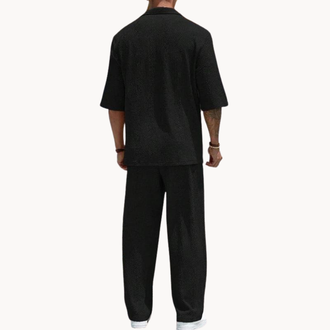 Men's Half Sleeve Polo Collar Top and Wide Leg Trouser Set with Elastic Waistband