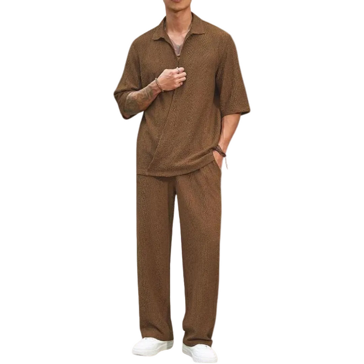 Men's Half Sleeve Polo Collar Top and Wide Leg Trouser Set with Elastic Waistband