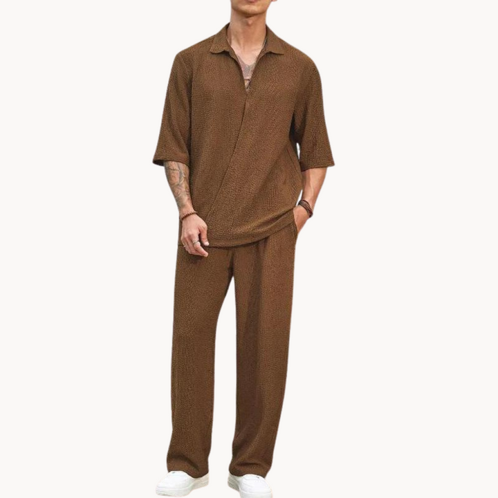 Men's Half Sleeve Polo Collar Top and Wide Leg Trouser Set with Elastic Waistband