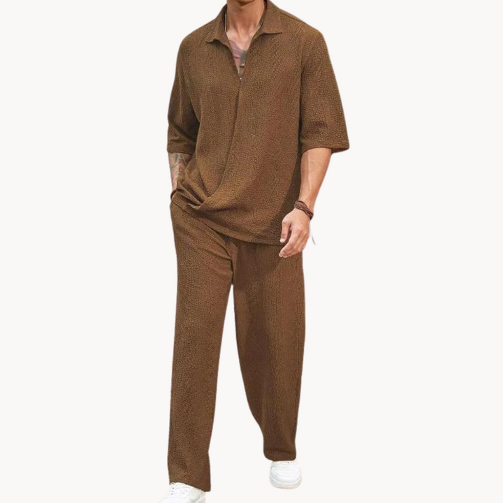 Men's Half Sleeve Polo Collar Top and Wide Leg Trouser Set with Elastic Waistband
