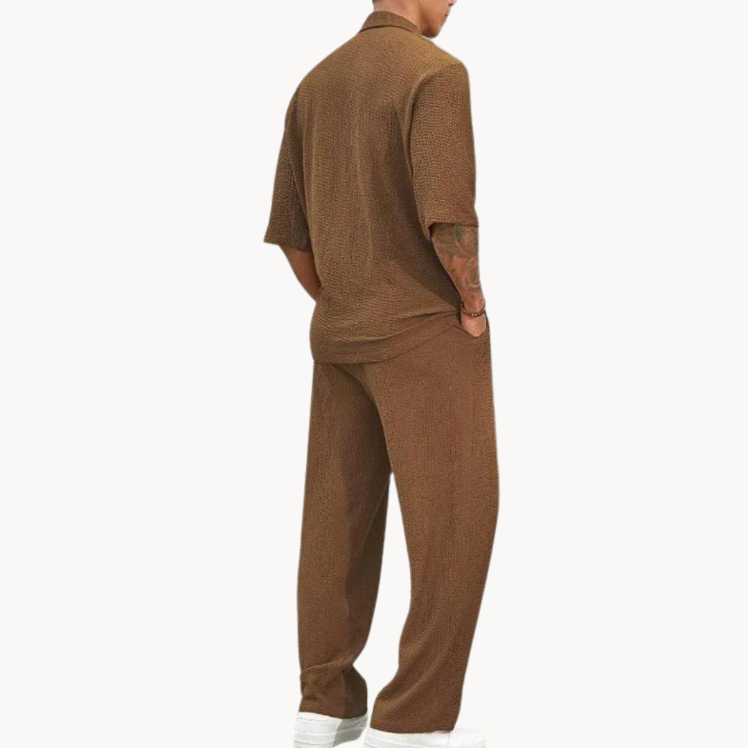 Men's Half Sleeve Polo Collar Top and Wide Leg Trouser Set with Elastic Waistband