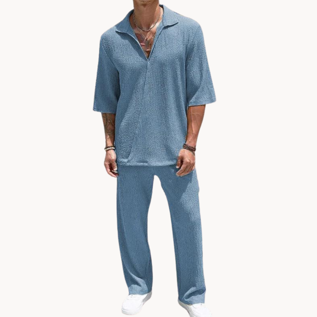 Men's Half Sleeve Polo Collar Top and Wide Leg Trouser Set with Elastic Waistband