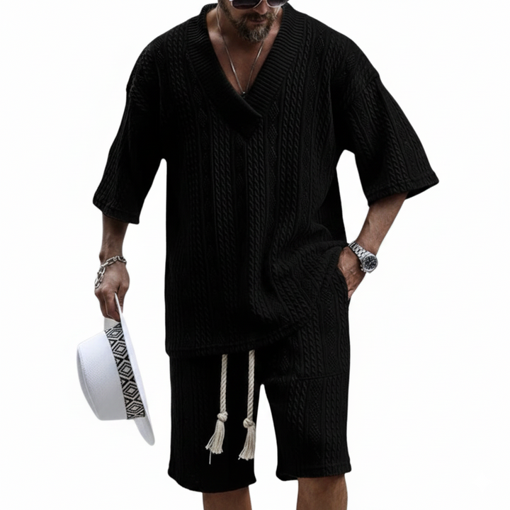Men's Half Sleeve V-Neck Top and Short Set with Cable Knit Surface and Tassel Drawstring