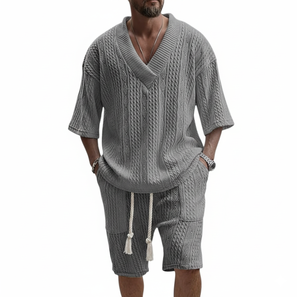 Men's Half Sleeve V-Neck Top and Short Set with Cable Knit Surface and Tassel Drawstring