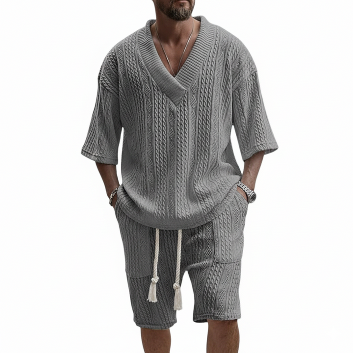 Men's Half Sleeve V-Neck Top and Short Set with Cable Knit Surface and Tassel Drawstring