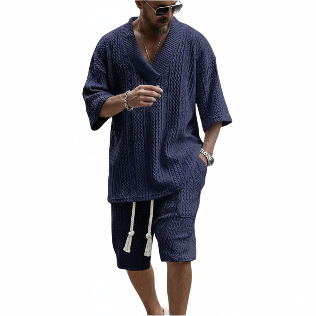 Men's Half Sleeve V-Neck Top and Short Set with Cable Knit Surface and Tassel Drawstring