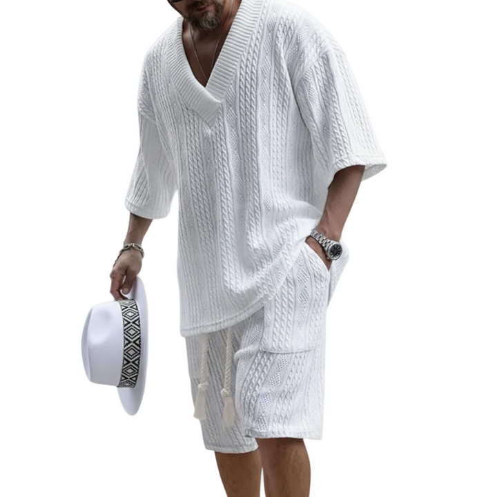 Men's Half Sleeve V-Neck Top and Short Set with Cable Knit Surface and Tassel Drawstring