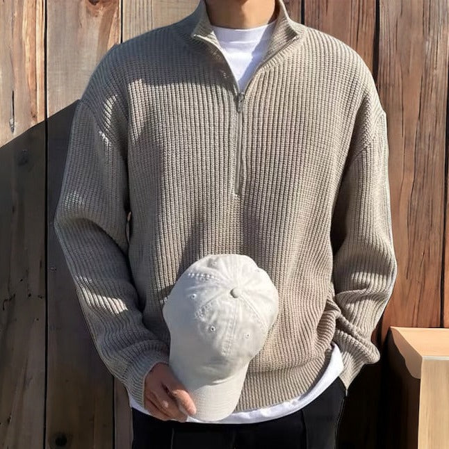 Men's Half-Zip Stand Collar Ribbed Knit Sweater with Long Sleeves